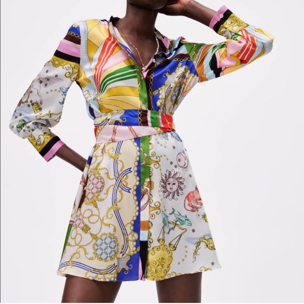 Women’s Bloggers Favorite ZARA Long Sleeve Scarf Multi-print Mini Dress